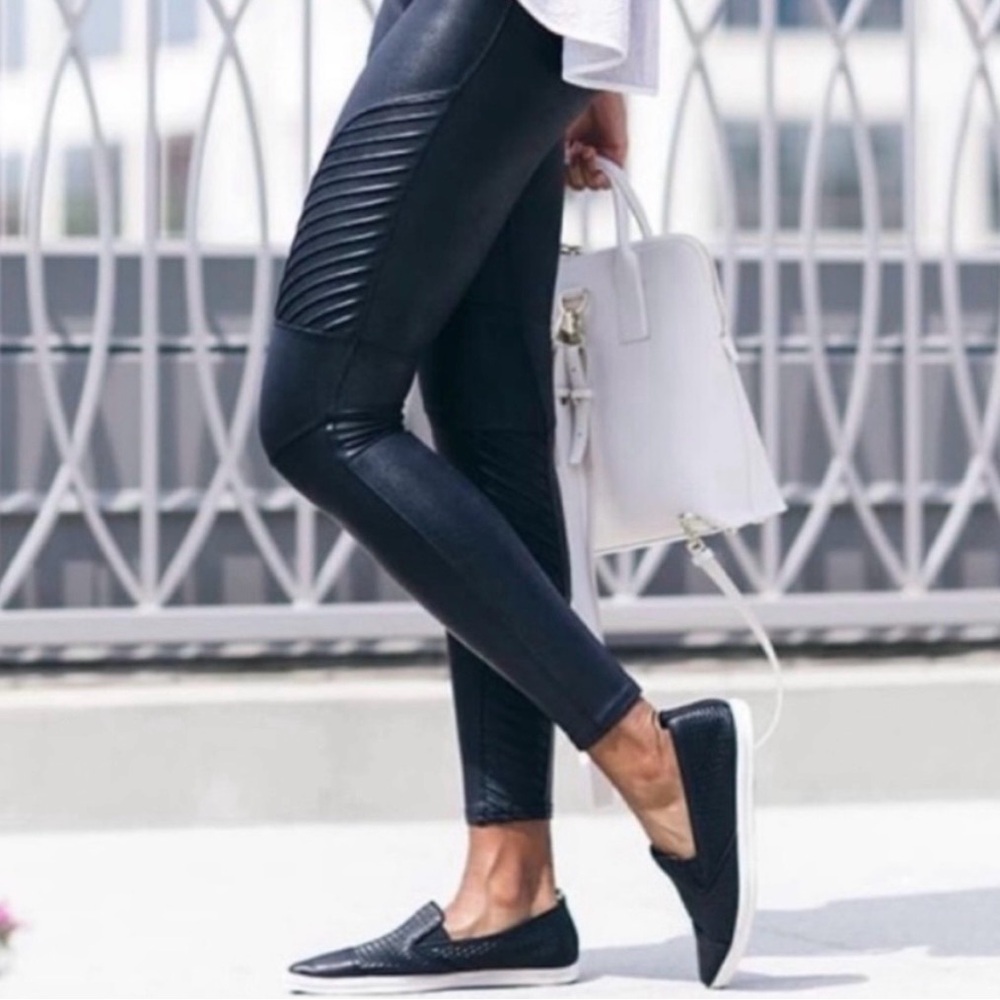 Spanx NWT Black Faux Leather Moto Leggings, Size Large Petite